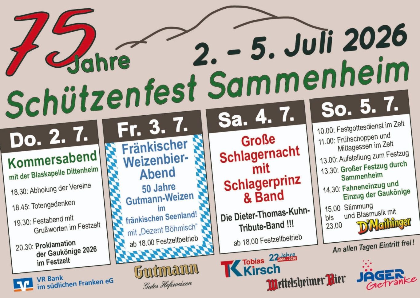 75 Jahre Schützenfest, Programmübersicht für Veranstaltungen vom 2. bis 5. Juli 2026 in Sammenheim.